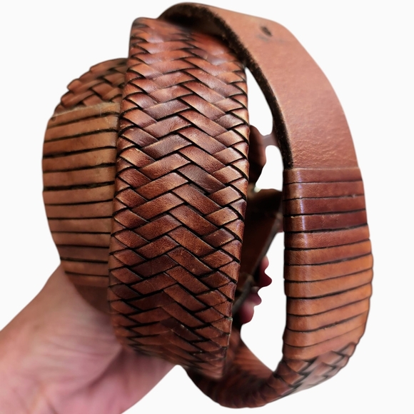 Brown Leather Woven Weaved Belt Silver Buckle Belt Waist 34-38" Inches - Picture 2 of 5